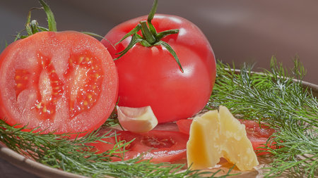 Tomatoes and cheese on a plate with dill close-upの写真素材