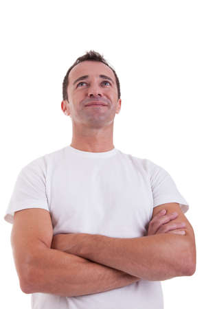 Portrait of a handsome middle-age man smiling, on white background. Studio shotの写真素材