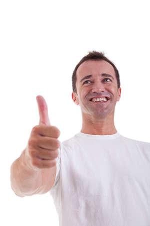 handsome middle-age man with thumb raised as a sign of success, isolated on white background. studio shotの写真素材