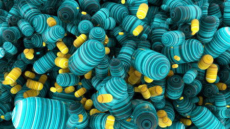 Abstract cloud with capsules, tablets, 3D rendering, stretched pixels texture.の写真素材