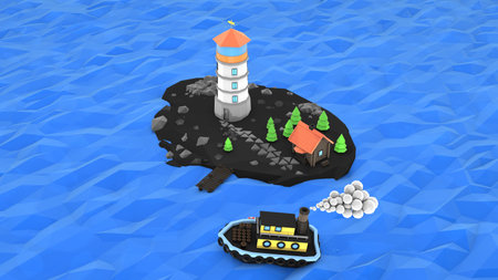 Low Poly island with lighthouse, steamship, illustration, 3d renderingの写真素材