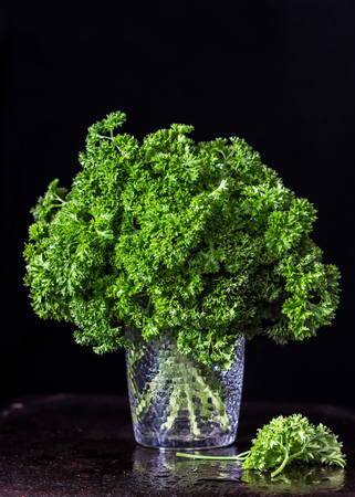 A bunch of parsley branches in a glass. Black solid background.の写真素材