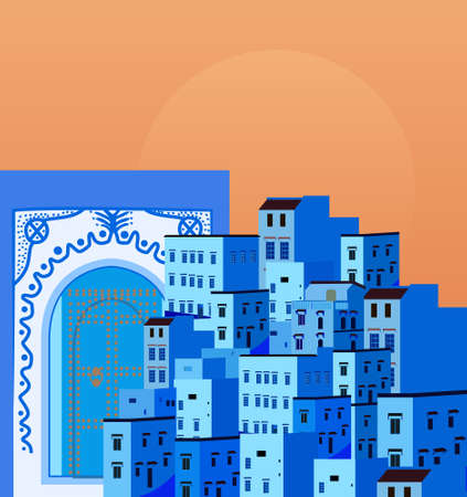 Chefchaouen landscape, panorama of the old Moroccan city, ethnic styleのイラスト素材