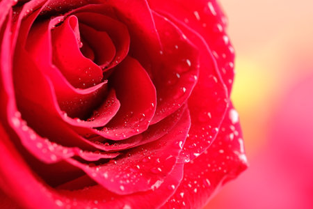 Beautiful red rose flower and water drops on the petals close-up. Macrophotography. The selected sharpness.の写真素材