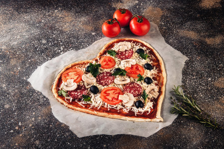 Heart shaped raw pizza with tomatoes and mozzarella for Valentines Day on vintage concrete background. Food concept of romantic love.の写真素材
