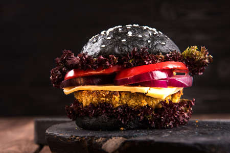 Homemade Veggie black chickpea burger with one cutlet, tomato, cheese, dark salad and purple onion on rustic wooden tableの写真素材