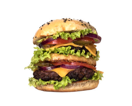 Big juicy hamburger with vegetables and beef. Isolated on whiteの写真素材