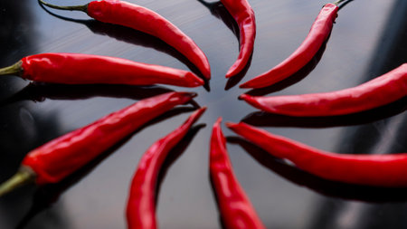 Red hot chili peppers on a black background. Shallow depth of field.の写真素材