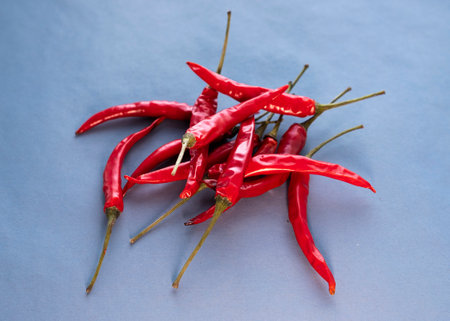 Red hot chili peppers on a blue background. selective focus.の写真素材