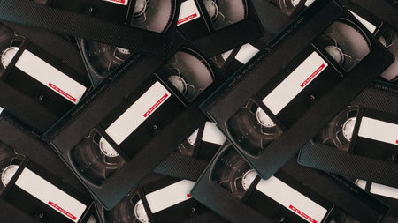 Videocassette tape in a box. view from above.の写真素材
