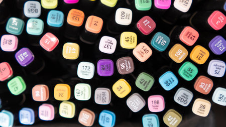 Group of colorful nail polish bottles in a shop window, close upの写真素材