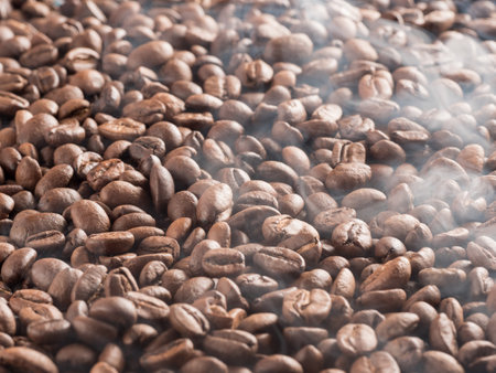 Roasted arabica coffee beans with steam emanating from them after roasting.の写真素材