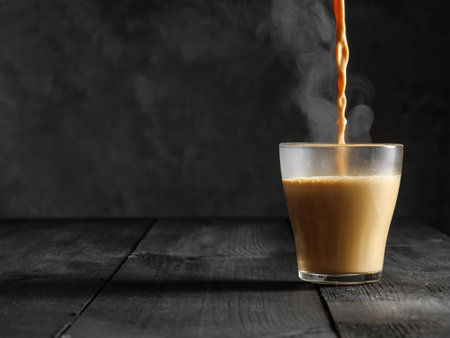 Hot masala tea is poured into a glass glass. Steam comes out of the mug. Gray background. Copy space. Text space.の写真素材