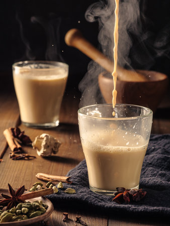 Masala tea is poured into a glass mug. Spices are laid out on the table.の写真素材