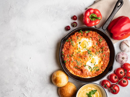Shakshuka with bell pepper, tomatoes, hummus and rolls top view.の写真素材