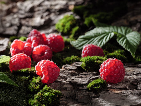 Raspberries lie on moss and bark. Forest landscape, natural berries. Streaks of sunlight. Copy space.の写真素材