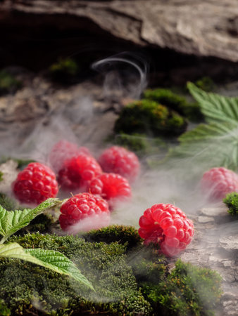 Raspberries lie on moss and bark. Forest landscape, fog, natural berries. Copy space.の写真素材