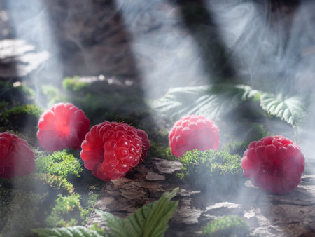 Raspberries lie on moss and bark. Forest landscape, natural berries. Streaks of sunlight. Copy space.の写真素材