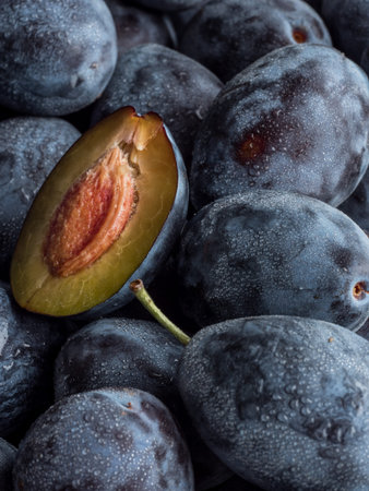 Background of fresh ripe blue plums with water drops. One plum is cut. Horizontal photo.