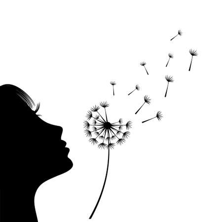 The girl is blowing a dandelion. Silhouette. Isolate on white background.のイラスト素材