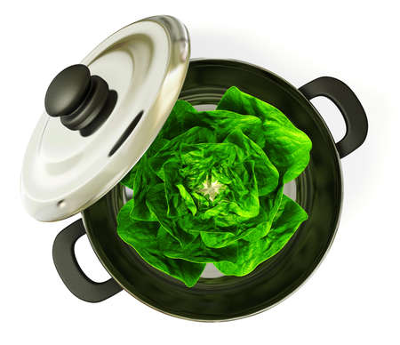 black pan with a cabbage inside. Isolated.の写真素材