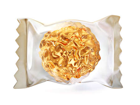 gold candy in a transparent packaging isolated on a white.の写真素材
