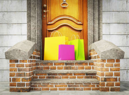 wooden door with a packageの写真素材