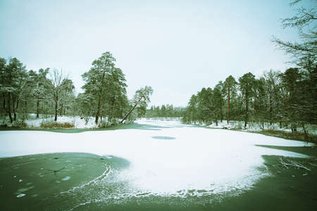 Winter landscape. Big lake in the forest.の写真素材