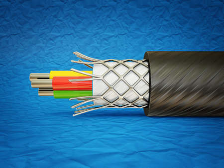 macro cable isolated on a blue  backgroundの写真素材