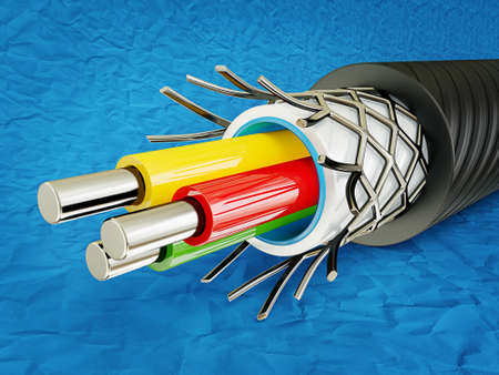 macro cable isolated on a blue  backgroundの写真素材