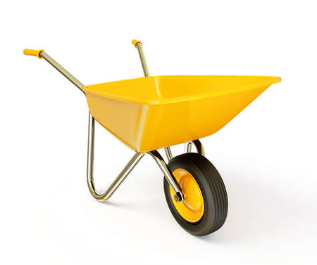 yellow wheelbarrow  isolated on a white backgroundの写真素材