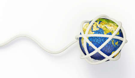 blue earth in rope isolated on whiteの写真素材