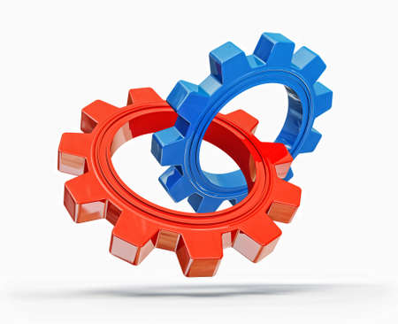 red and blue gears isolated on a white backgroundの写真素材