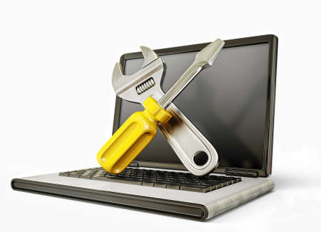 support sign on the  laptop. scratched wallの写真素材