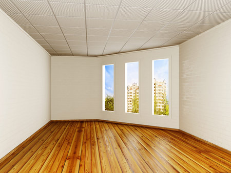empty room with a white walls and three windows