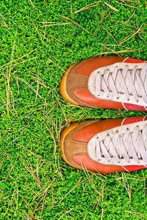 sport shoes on a green grass. concept