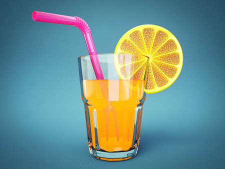 orange juice in glass on a blue backgroundの写真素材