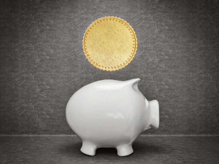 conceptual coin isolated on a grey backgroundの写真素材