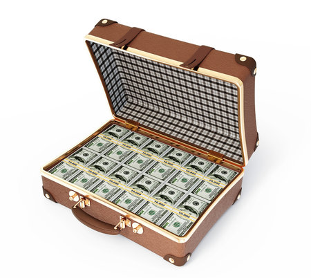 leather suitcase with money isolated on a white background