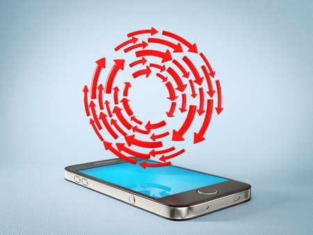 modern smartphone isolated on a blue  backgroundの写真素材