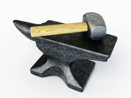 black anvil and hammer isolated on a whiteの写真素材