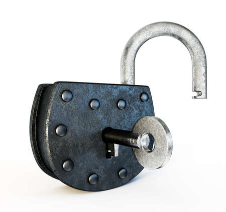 old lock isolated on a white backgroundの写真素材