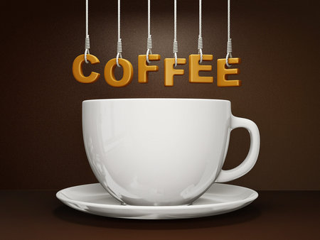 conceptual coffee cup isolated on a brown backgroundの写真素材