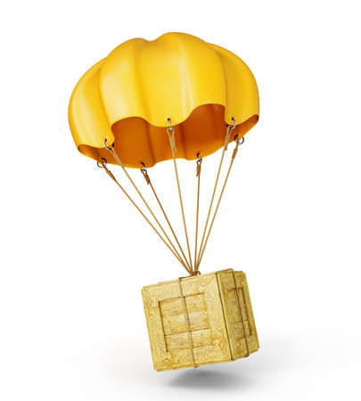 yellow parachute with wooden box on a whiteの写真素材