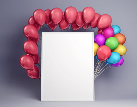 balloons  and empty poster  isolated on grey.3d illustrationの写真素材