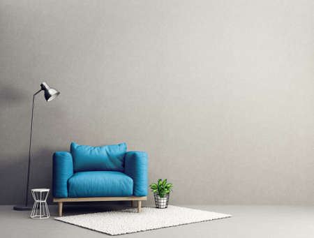 modern living room  with yellow armchair and lamp. scandinavian interior design furniture. 3d render illustrationの写真素材