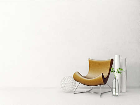 modern living room  with brown armchair and plant. scandinavian interior design furniture. 3d render illustrationの写真素材