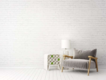 modern living room  with grey armchair and lamp. scandinavian interior design furniture. 3d render illustrationの写真素材