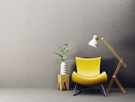 modern living room  with yellow armchair and lamp. scandinavian interior design furniture. 3d render illustrationの写真素材