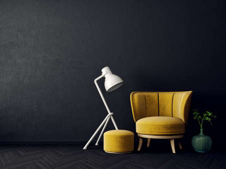 Modern living room  with yellow armchair and lamp. Scandinavian interior design furniture. 3d render illustrationの写真素材